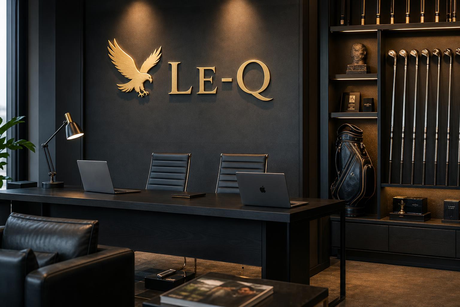 Kantoor van Le-Q met het gouden Le-Q-logo op de wand